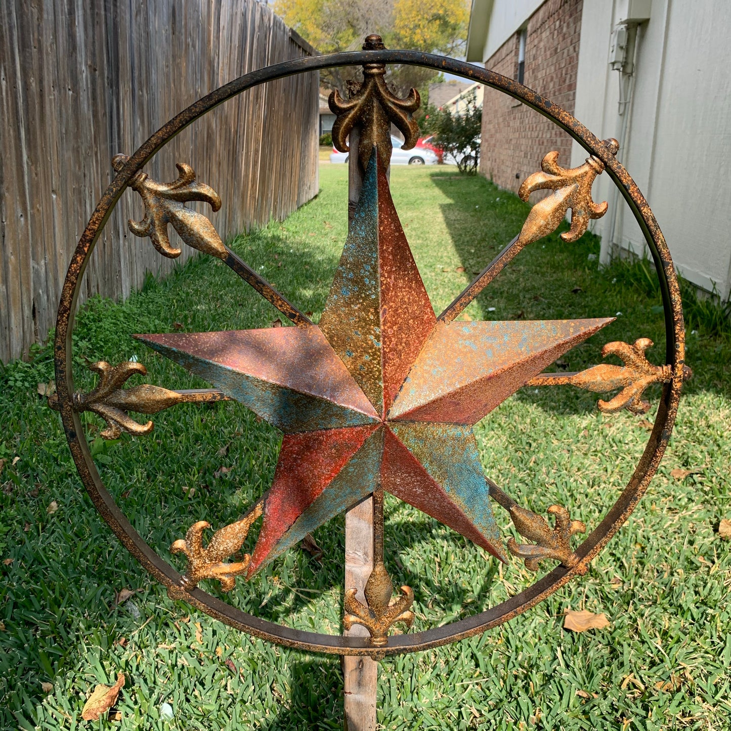 24" RUSTIC STAR & MULTI FLEUR DE LIS METAL WALL ART WESTERN HOME DECOR RED GOLD & TURQUOISE ART