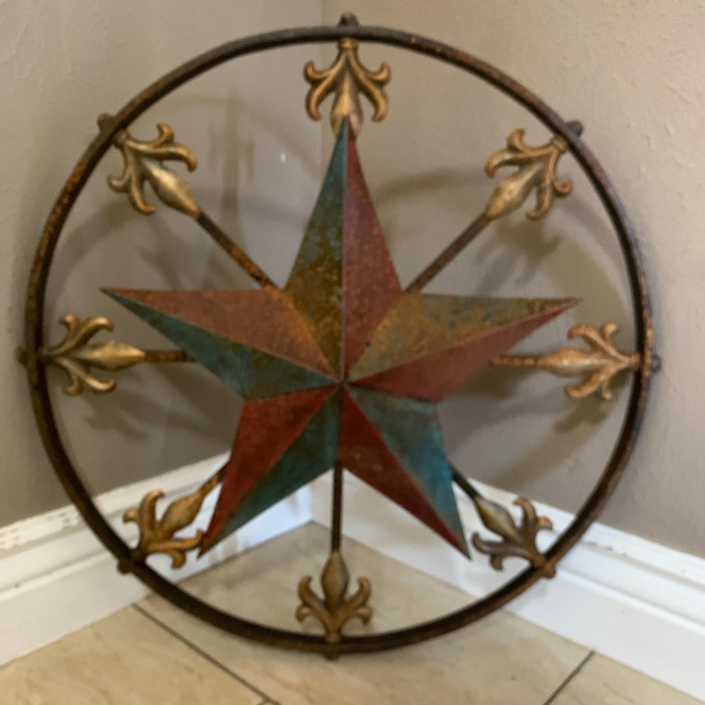 24" RUSTIC STAR & MULTI FLEUR DE LIS METAL WALL ART WESTERN HOME DECOR RED GOLD & TURQUOISE ART