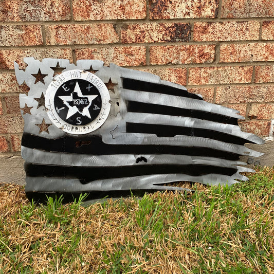 TEXAS HIGHWAY PATROL TATTERED FLAG WITH BADGE# CUSTOM METAL VINTAGE CRAFT ART WESTERN HOME DECOR