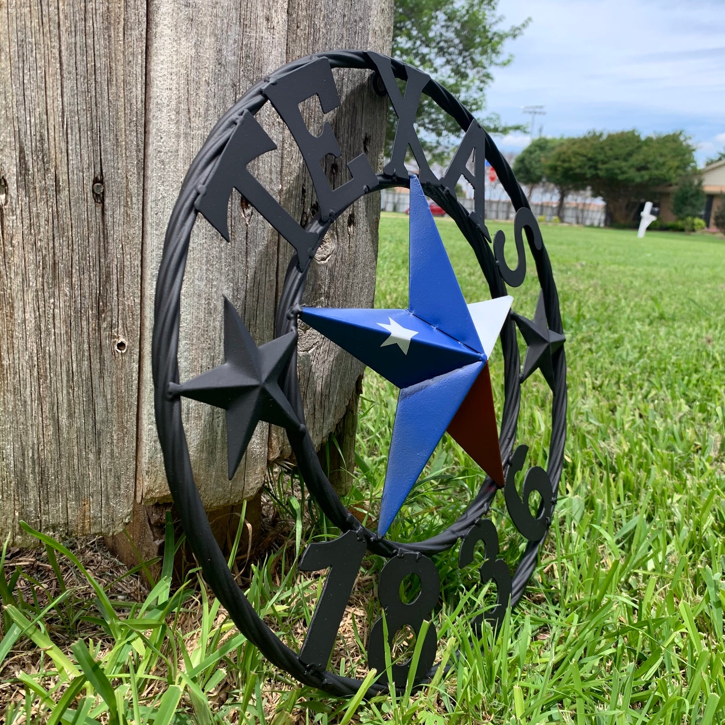 16" TEXAS 1836 RED WHITE BLUE TEXAS FLAG STAR & BLACK RING BARN STAR METAL WALL WESTERN HOME DECOR HANDMADE NEW ART