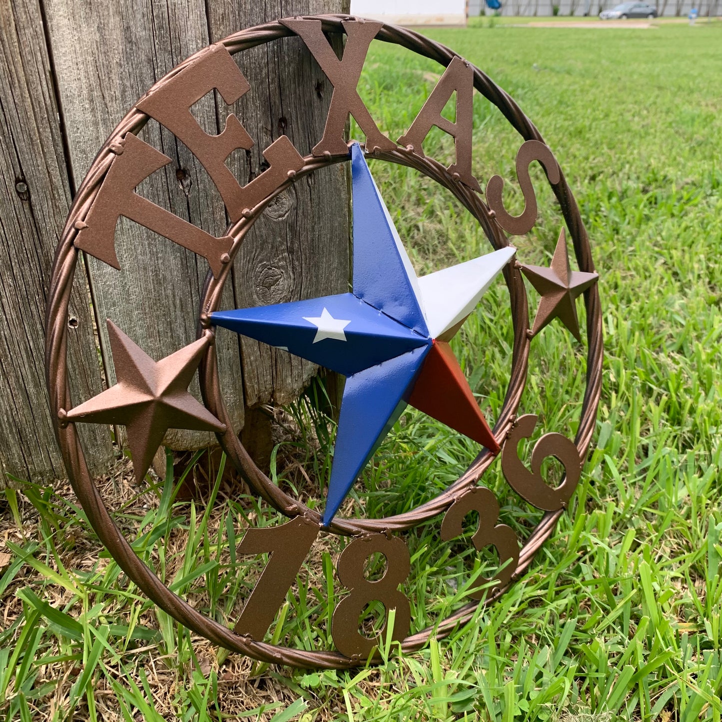 16" TEXAS 1836 RED WHITE BLUE TEXAS FLAG STAR BRONZE RING METAL BARN STAR WESTERN HOME DECOR HANDMADE NEW ART