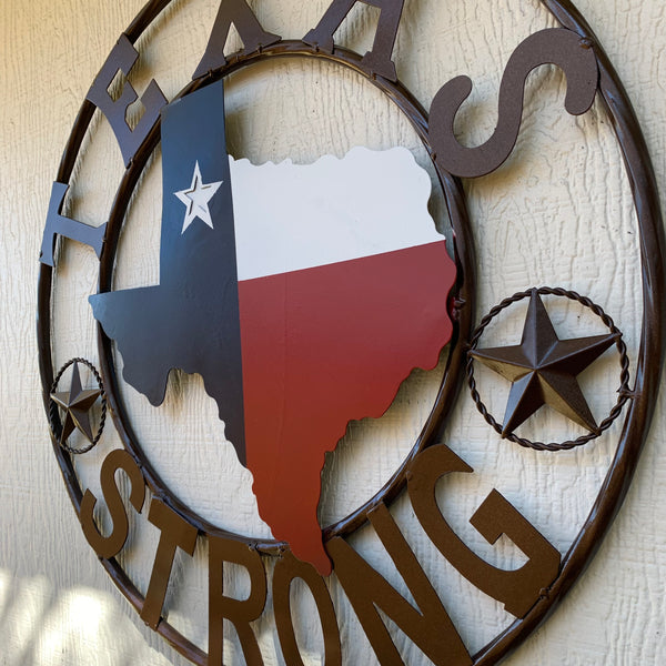 TEXAS STRONG SIGN METAL WALL ART WESTERN HOME DECOR RED WHITE BLUE WITH BRONZE RING HANDMADE #EH13212