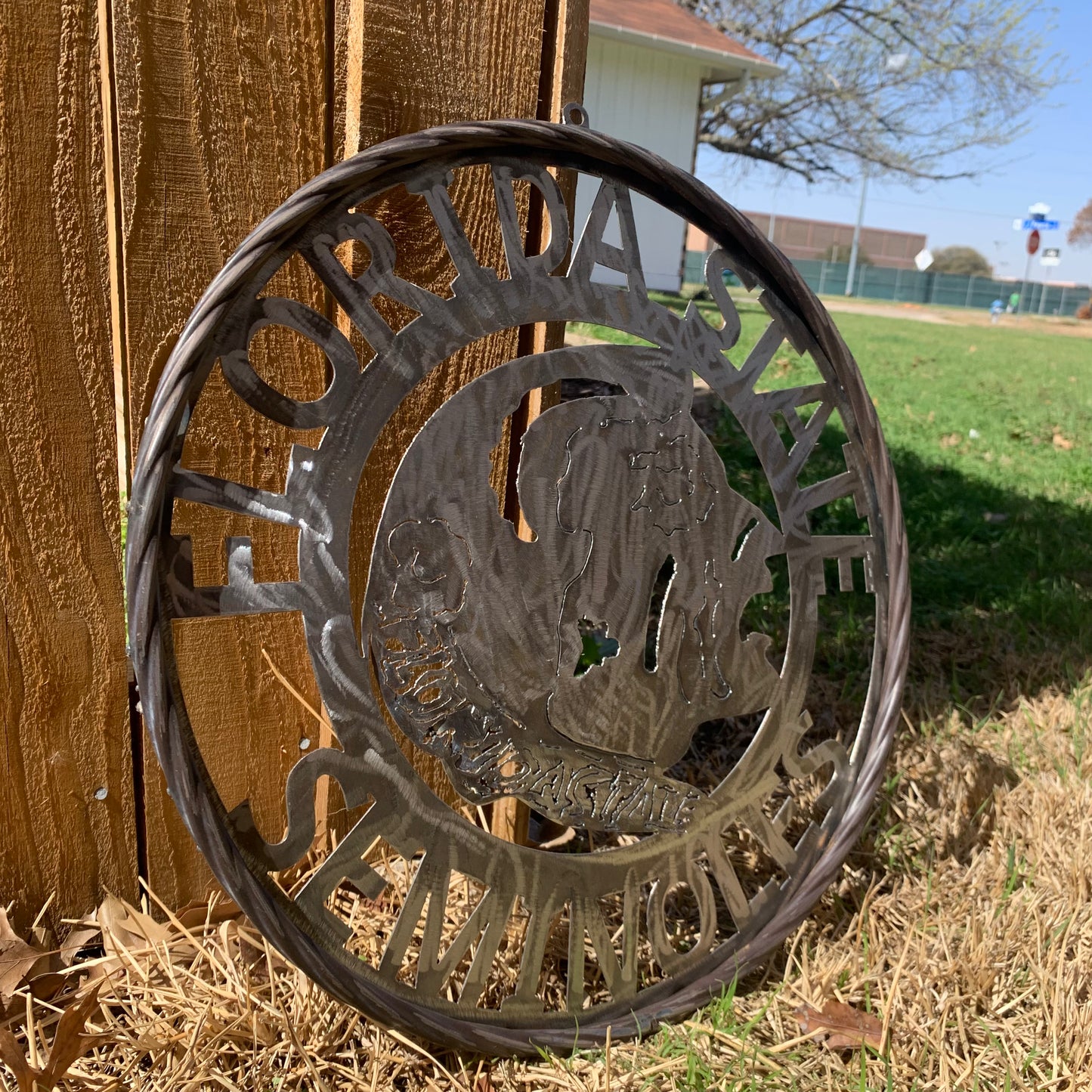 FSU FLORIDA STATE SEMINOLES INDIAN CUSTOM RAW METAL VINTAGE CRAFT TEAM SIGN HANDMADE