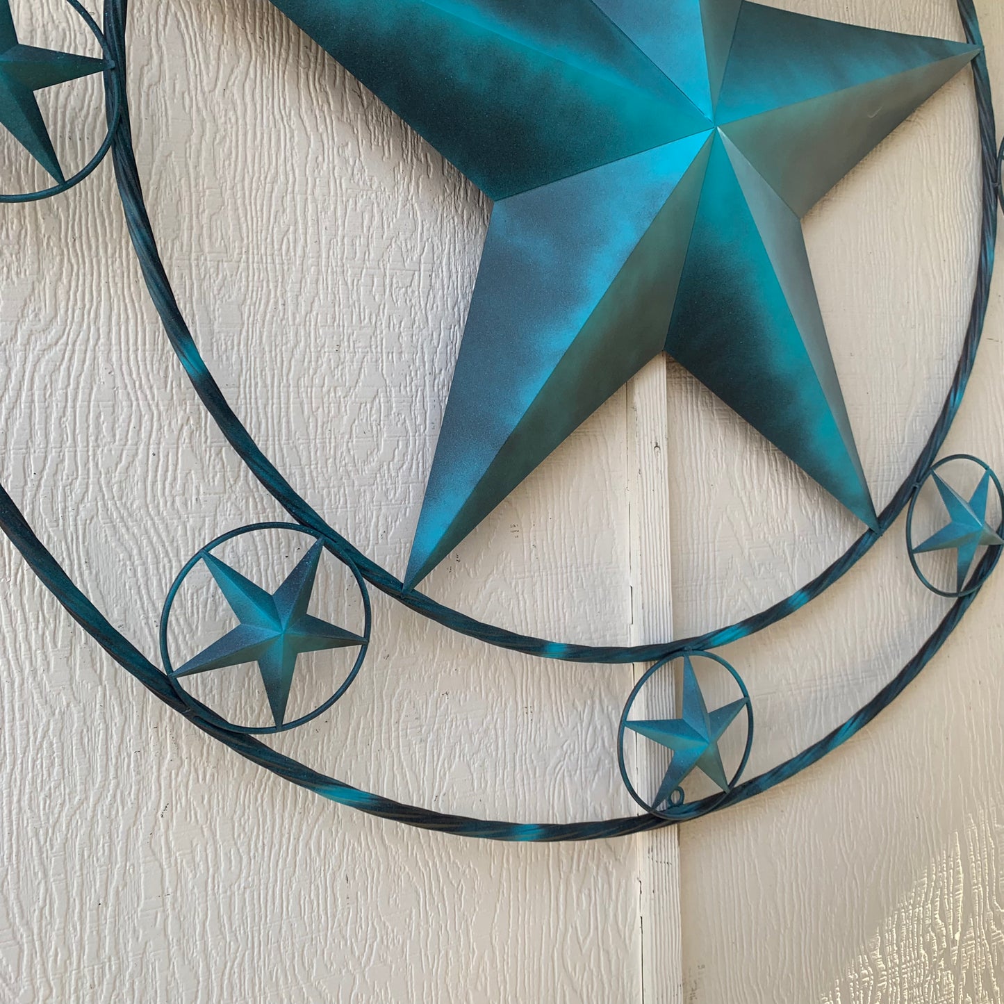 TEXAS LONESTAR TURQUOISE DISTRESSED TWO TONE METAL BARN STAR TWISTED ROPE RING WALL ART WESTERN HOME DECOR HANDMADE NEW #EH10483