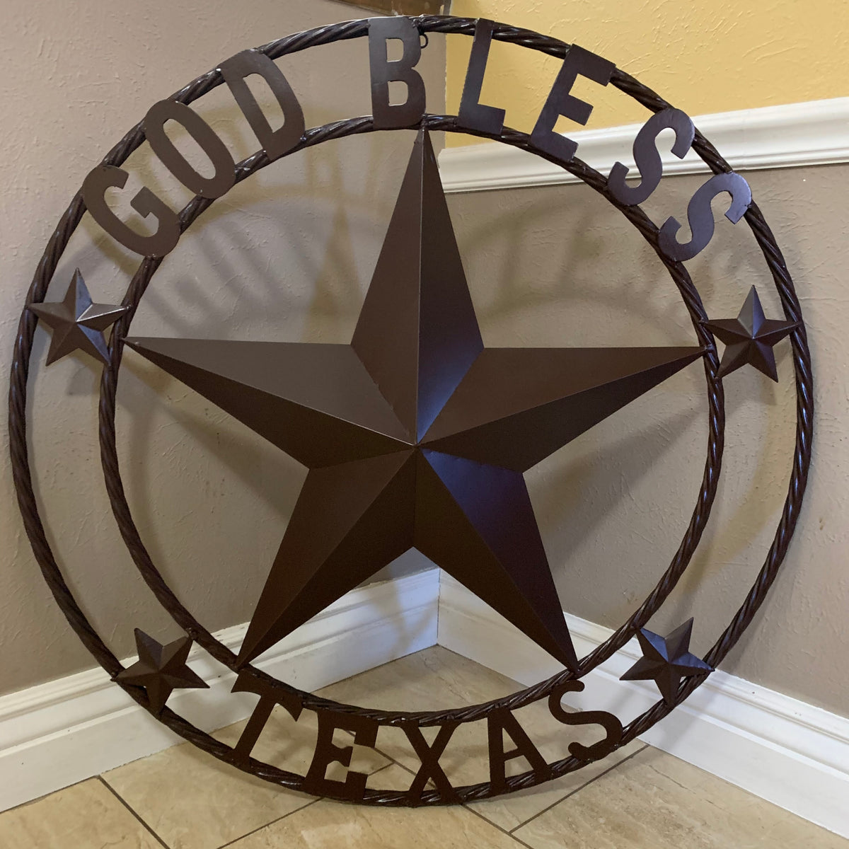 GOD BLESS TEXAS BROWN BARN STAR METAL LONE STAR TWISTED ROPE RING WESTERN HOME DECOR HANDMADE NEW #EH11085