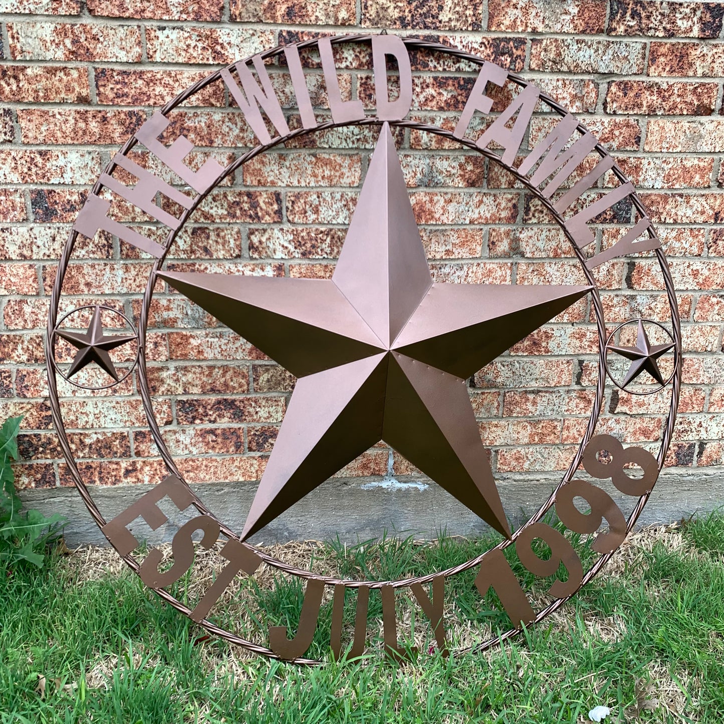 THE WILD FAMILY STYLE CUSTOM FAMILY NAME STAR METAL BARN STAR ROPE RING WESTERN HOME DECOR BRONZE HANDMADE 24",32",34",36",40",42",44",48",50"