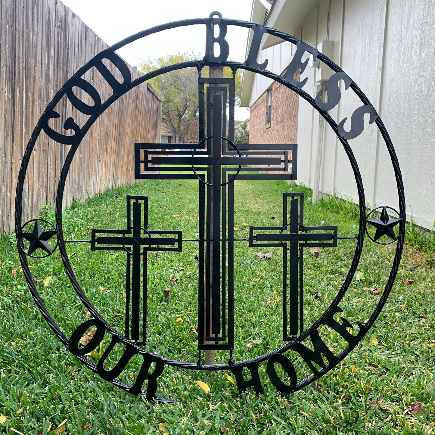 40"GOD BLESS OUR HOME CRUCIFIX CROSS METAL WALL ART BLACK HANDMADE NEW