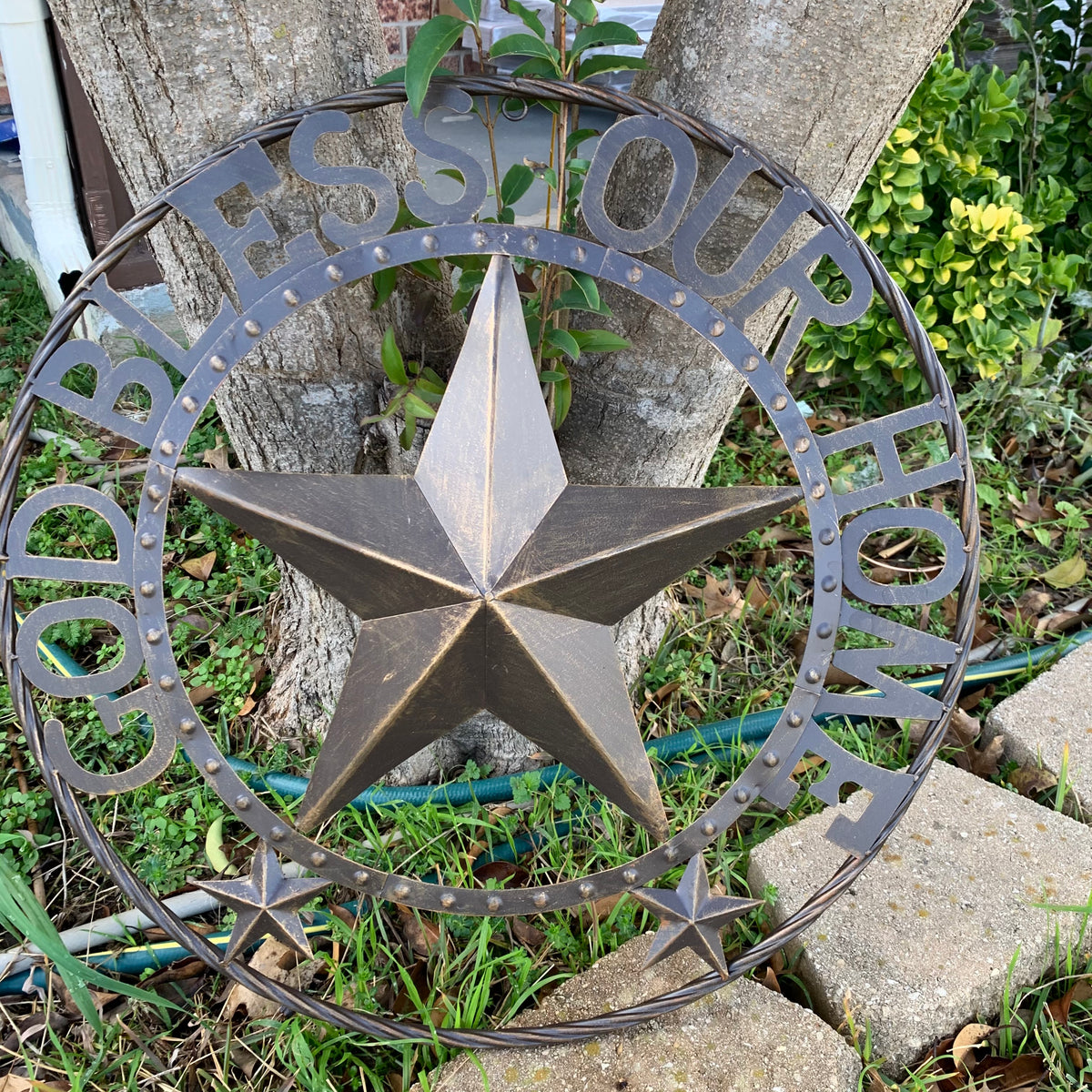 24" GOD BLESS OUR HOME BEADED STAR COLIBROX METAL TWISTED ROPE RING LONE STAR WALL ART WESTERN HOME DECOR RUSTIC DARK BRONZE COPPER HANDMADE NEW