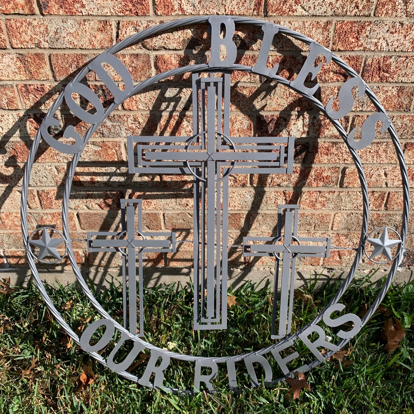 40"GOD BLESS OUR RIDERS CRUCIFIX GREY CROSS METAL WALL ART HANDMADE
