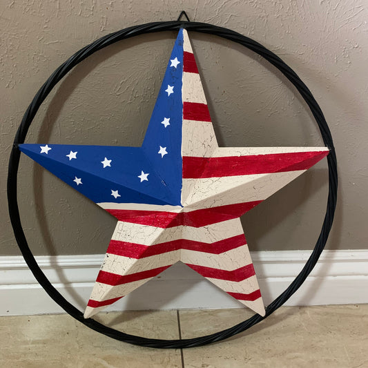 24" AMERICAN USA FLAG CRACKLE STAR METAL WALL ART WESTERN HOME DECOR HANDMADE NEW