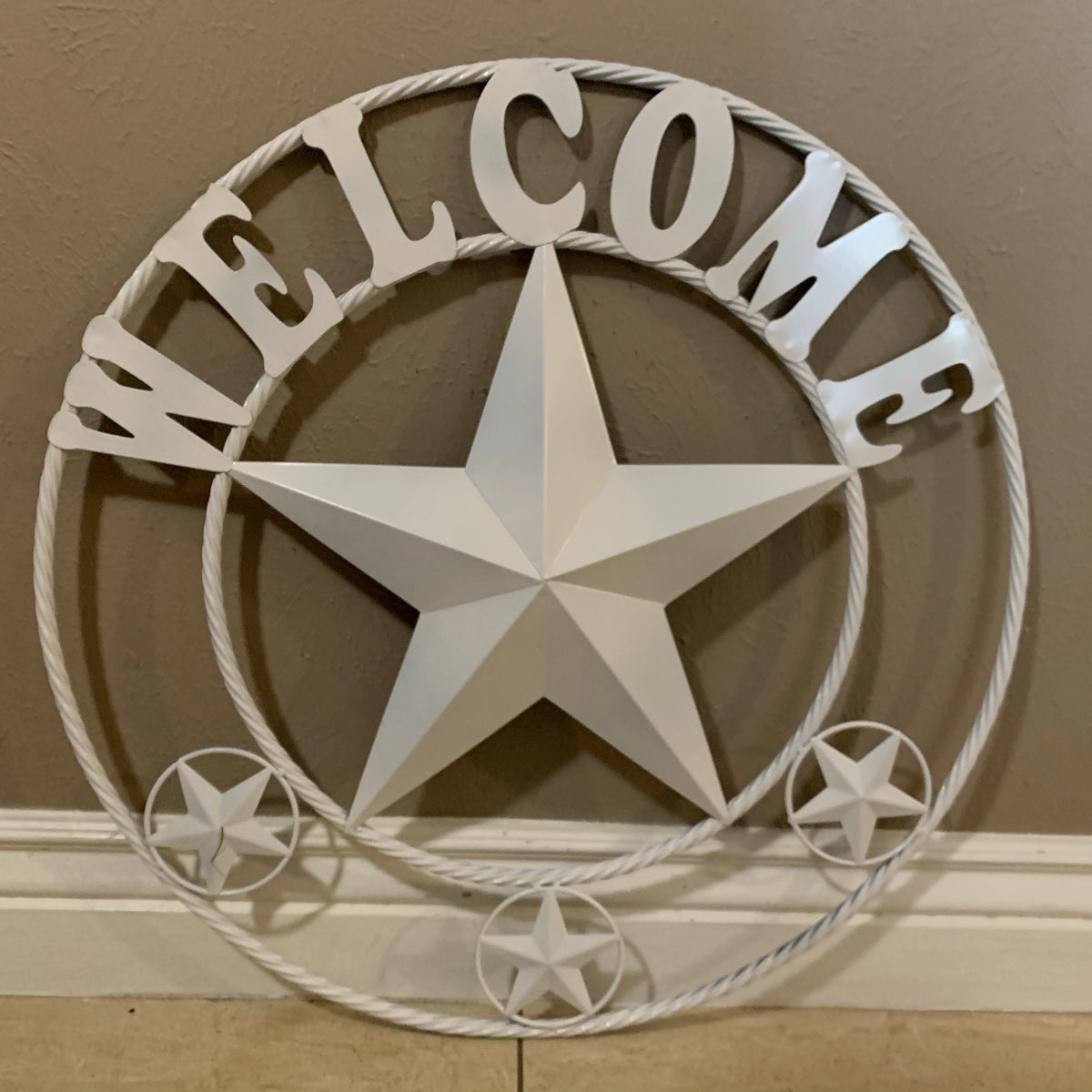 WELCOME WHITE STAR BARN STAR METALTWISTED ROPE RING LONESTAR WESTERN HOME DECOR HANDAMDE NEW 18",20",24",32",36",40",50"