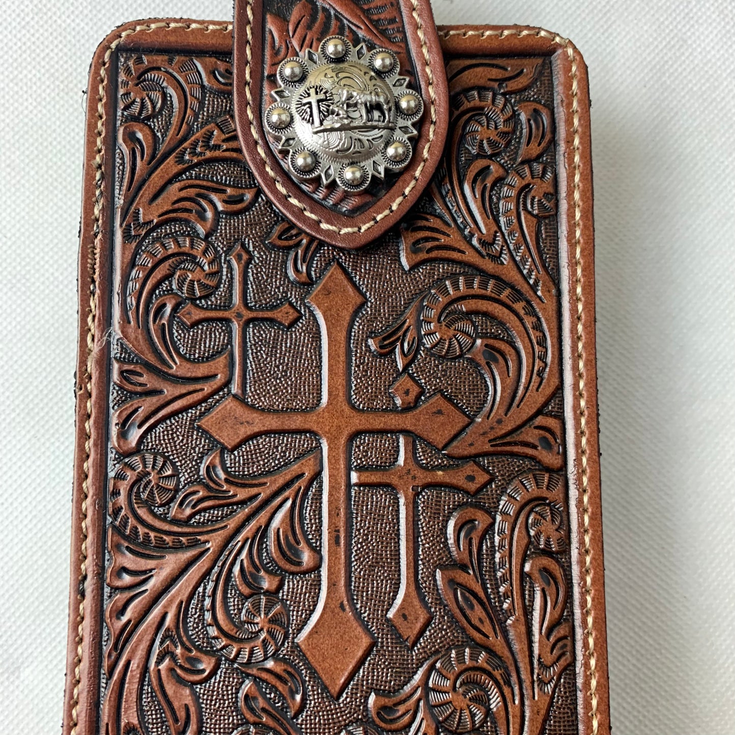 7" COWBOY PRAYER CROSS LEATHER HOLSTER POUCH COFFEE BROWN  LARGE  BELT LOOP HOLSTER CELL PHONE CASE UNIVERSAL OVERSIZE #WS344D--FREE SHIPPING