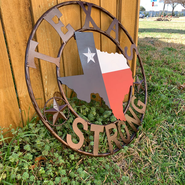 TEXAS STRONG SIGN METAL WALL ART WESTERN HOME DECOR RED WHITE BLUE WITH BRONZE RING HANDMADE #EH13212