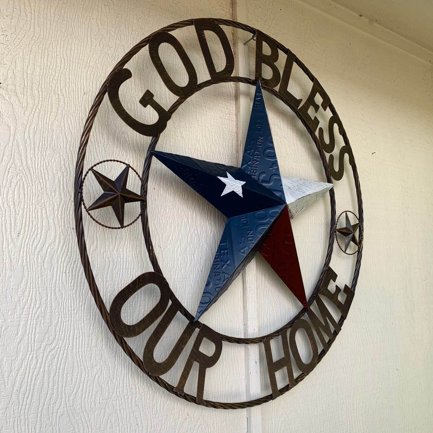 GOD BLESS OUR HOME LICENSE PLATE BARN METAL STAR ROPE RING WALL ART WESTERN HOME DECOR RED WHITE BLUE HANDMADE #EH12927