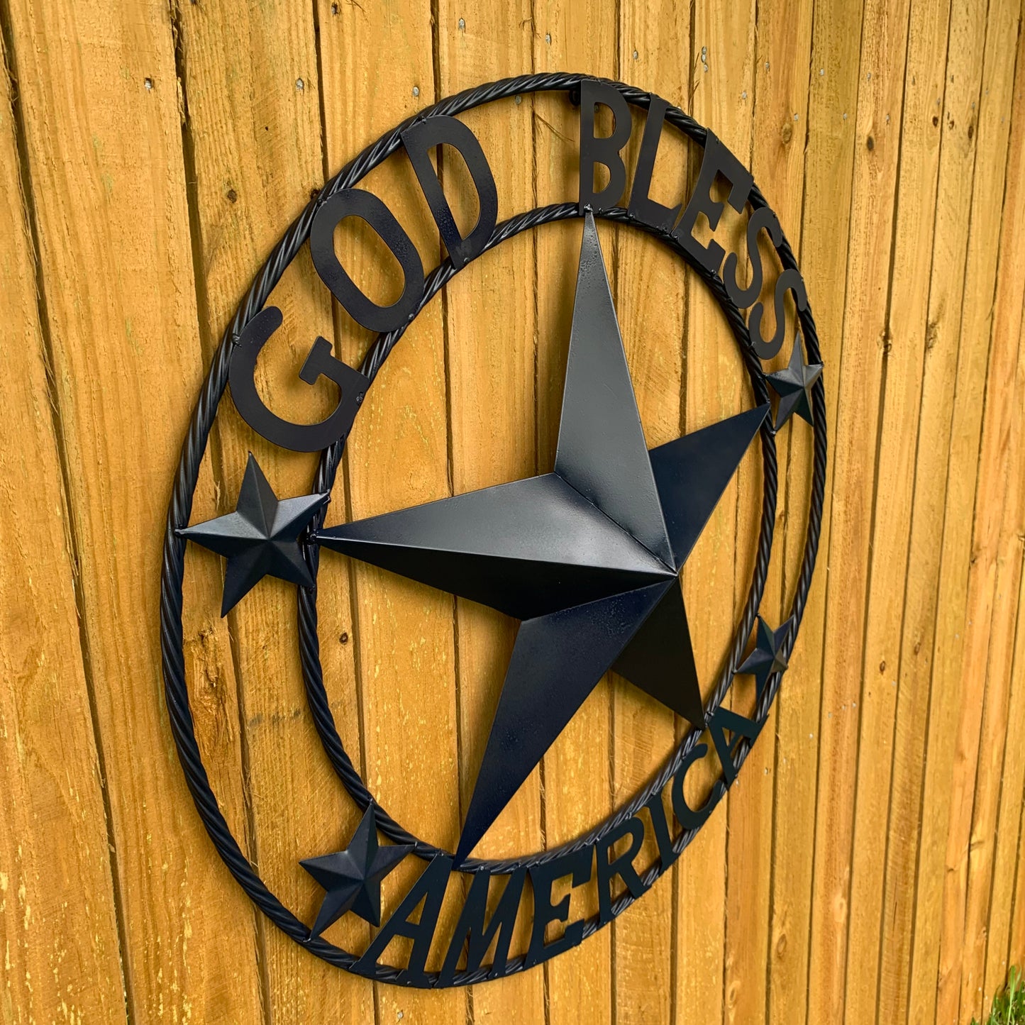 GOD BLESS AMERICA NAVY BLUE METAL BARN STAR RING ART WESTERN HOME DECOR NEW-#EH10131