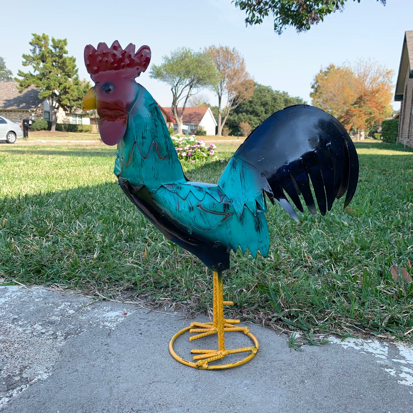 #34-041 RUSTIC TURQUOISE ROOSTER 20",30",40" CHICKEN GARDEN ANIMAL SCULPTURE METAL DECOR ORNAMENT HANDMADE