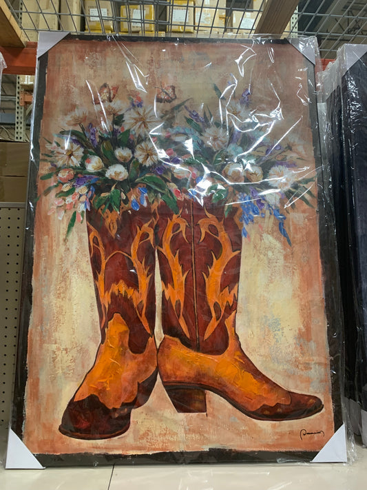 RA0305  28"x40" BROWN DOUBLE BOOT FLOWER CANVAS PAINTING PICTURE WESTERN COUNTRY HOME DECOR HANDMADE