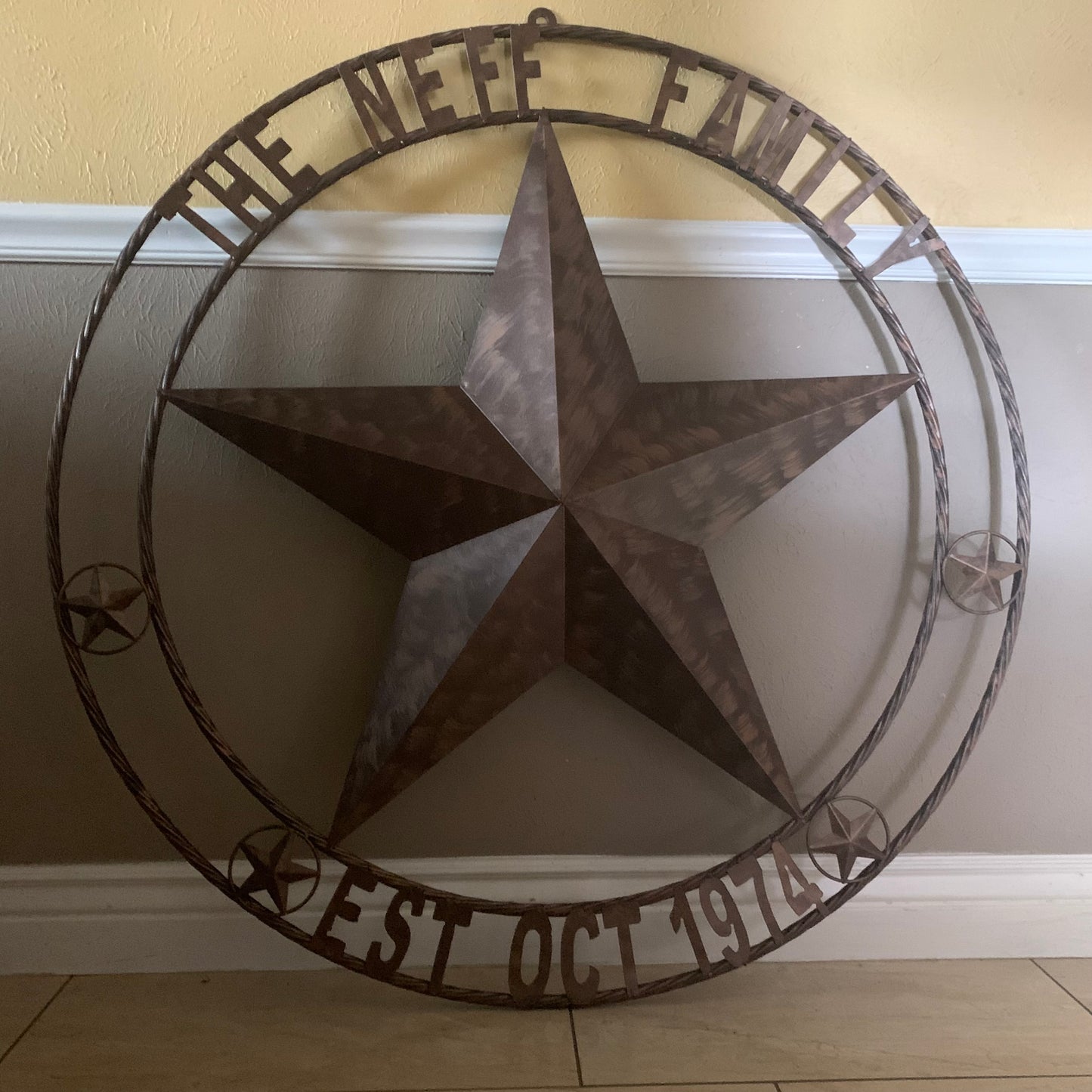 COLOMINA STYLE YOUR CUSTOM NAME BARN STAR BRONZE BRUSH COPPER METAL STAR 3d TWISTED ROPE RING COLOMINA WESTERN HOME DECOR RUSTIC VINTAGE HANDMADE 24",32",36",40",42",44",46",50"