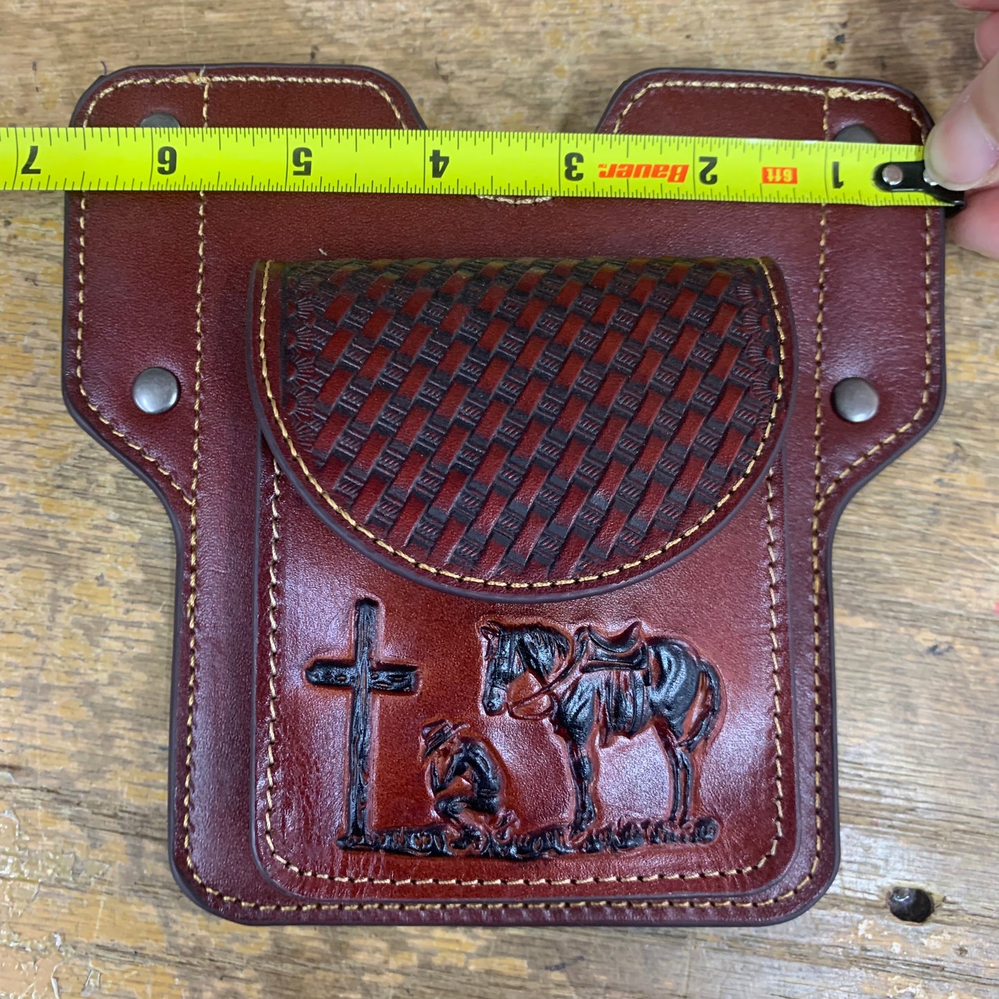 7" x 6" PRAYER BURGUNDY GENUINE SHOOTING LEATHER POUCH BELT LOOP HANDMADE NEW -- FREE SHIPPING
