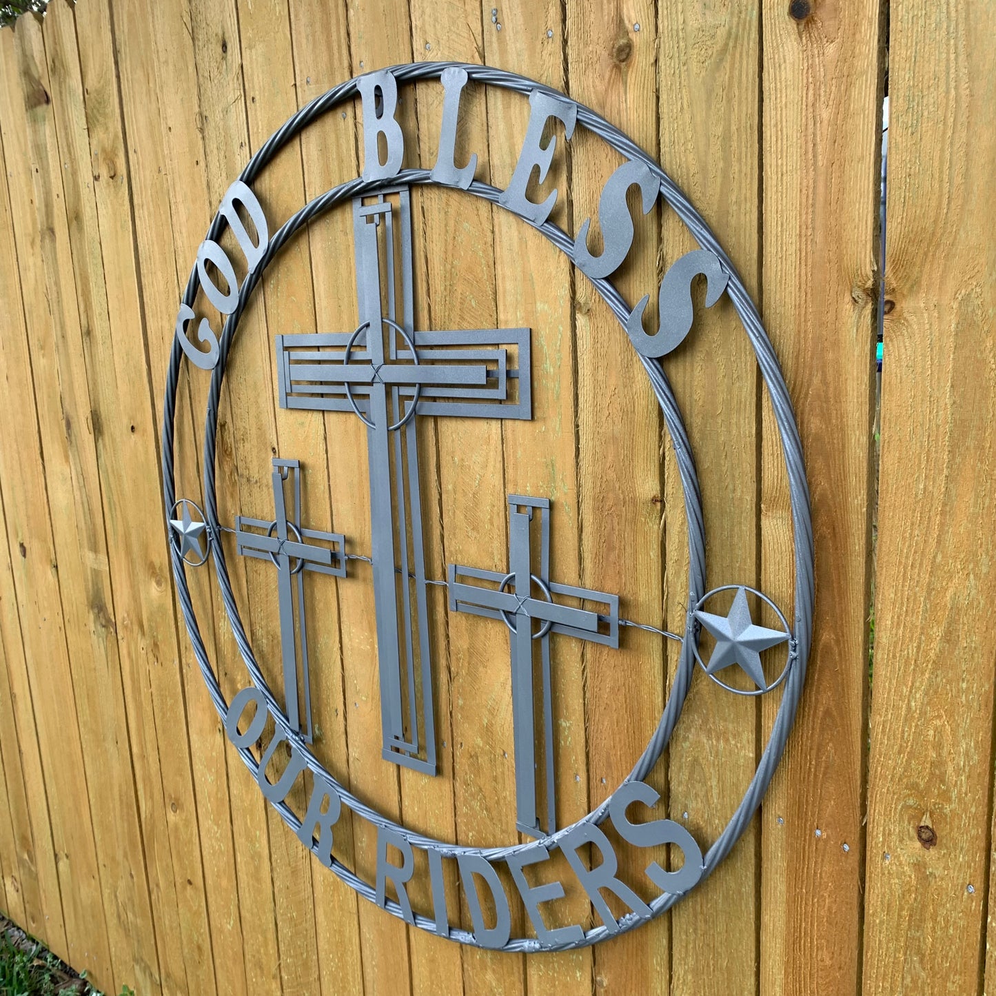 40"GOD BLESS OUR RIDERS CRUCIFIX GREY CROSS METAL WALL ART HANDMADE