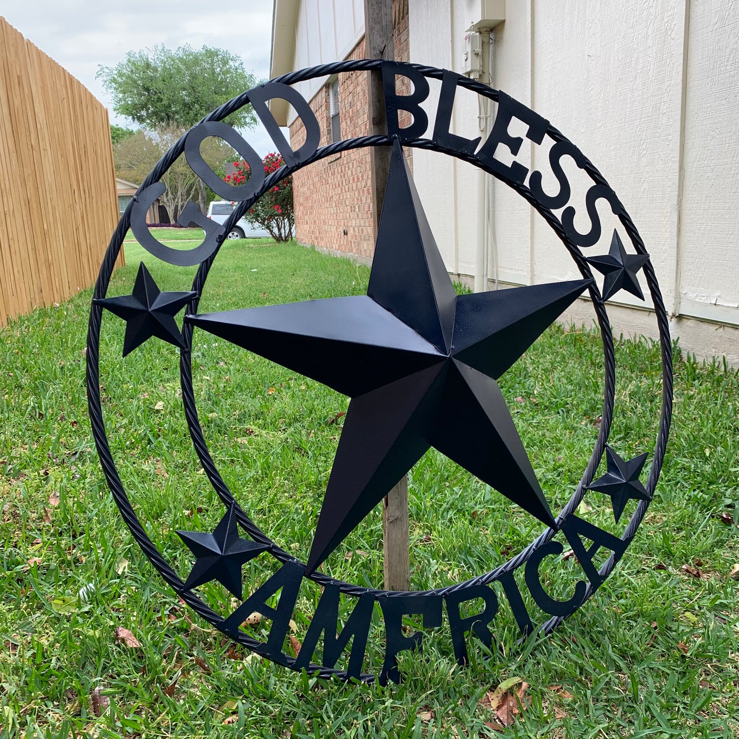 GOD BLESS AMERICA NAVY BLUE METAL BARN STAR RING ART WESTERN HOME DECOR NEW-#EH10131