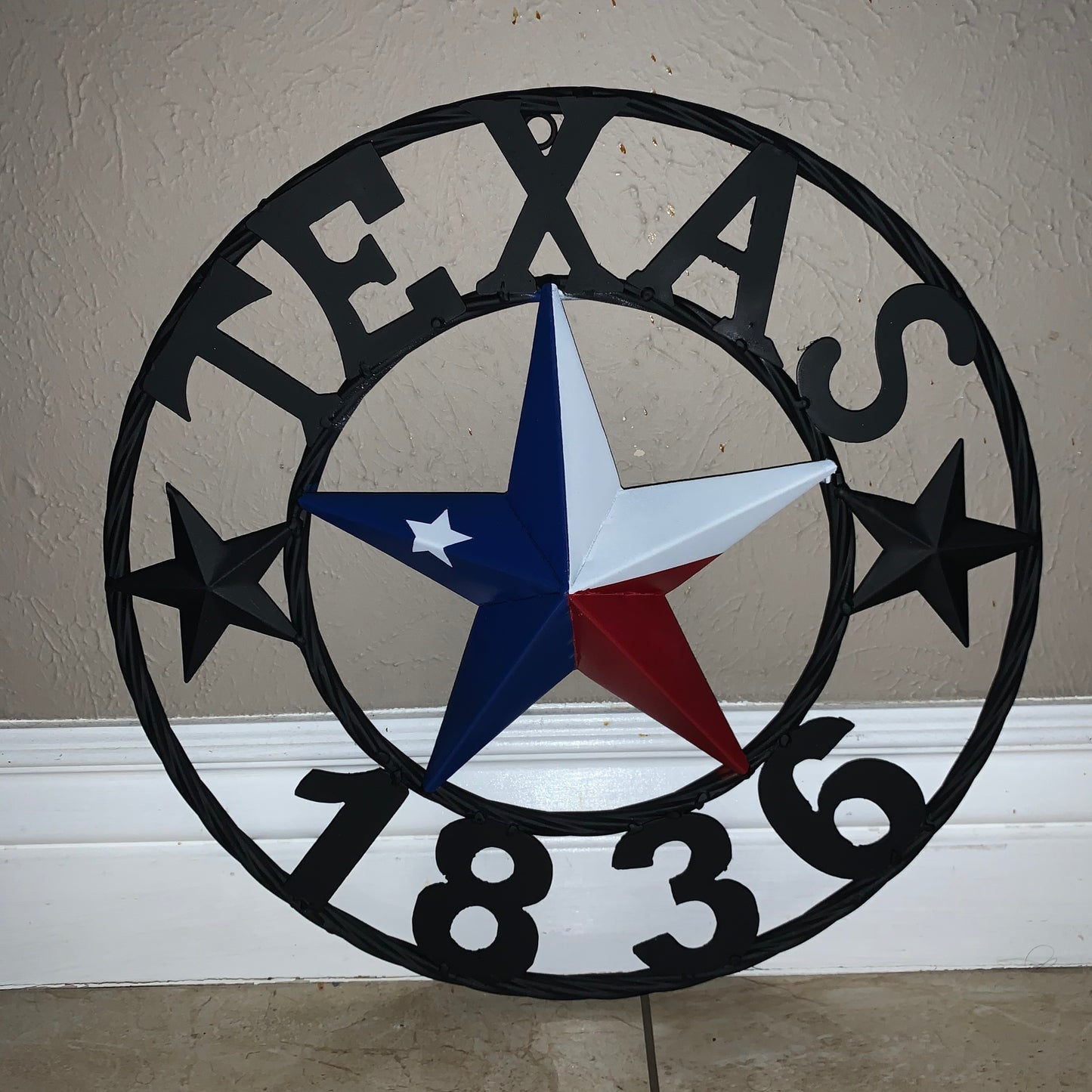 16" TEXAS 1836 RED WHITE BLUE TEXAS FLAG STAR & BLACK RING BARN STAR METAL WALL WESTERN HOME DECOR HANDMADE NEW ART