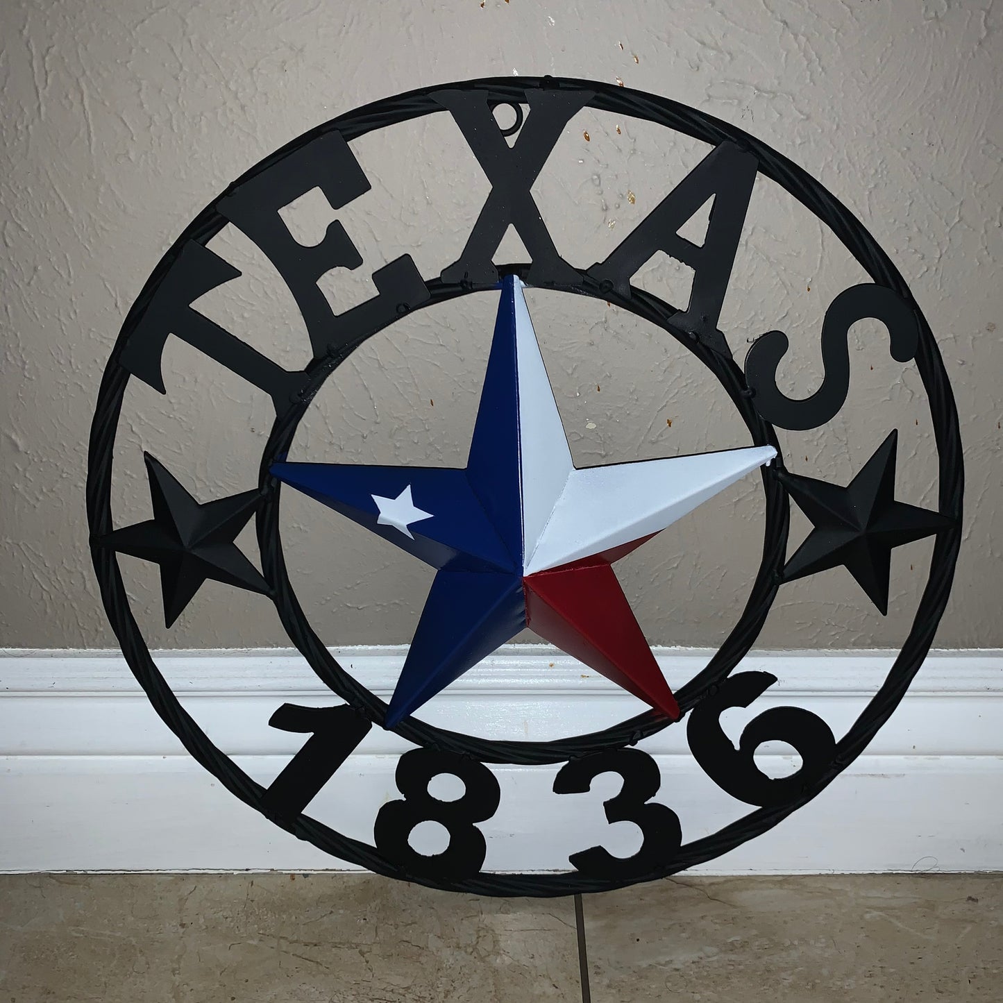 16" TEXAS 1836 RED WHITE BLUE TEXAS FLAG STAR & BLACK RING BARN STAR METAL WALL WESTERN HOME DECOR HANDMADE NEW ART