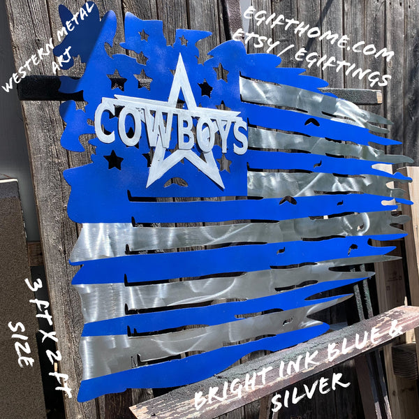 DALLAS COWBOYS METAL TATTERED FLAG BRIGHT BLUE & SILVER CUSTOM VINTAGE CRAFT TEAM SIGN HANDMADE