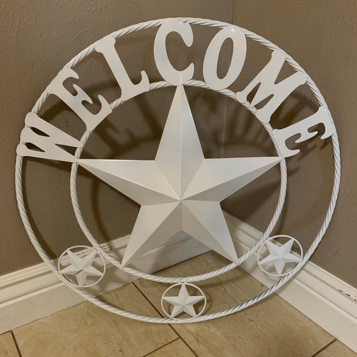 WELCOME WHITE STAR BARN STAR METALTWISTED ROPE RING LONESTAR WESTERN HOME DECOR HANDAMDE NEW 18",20",24",32",36",40",50"