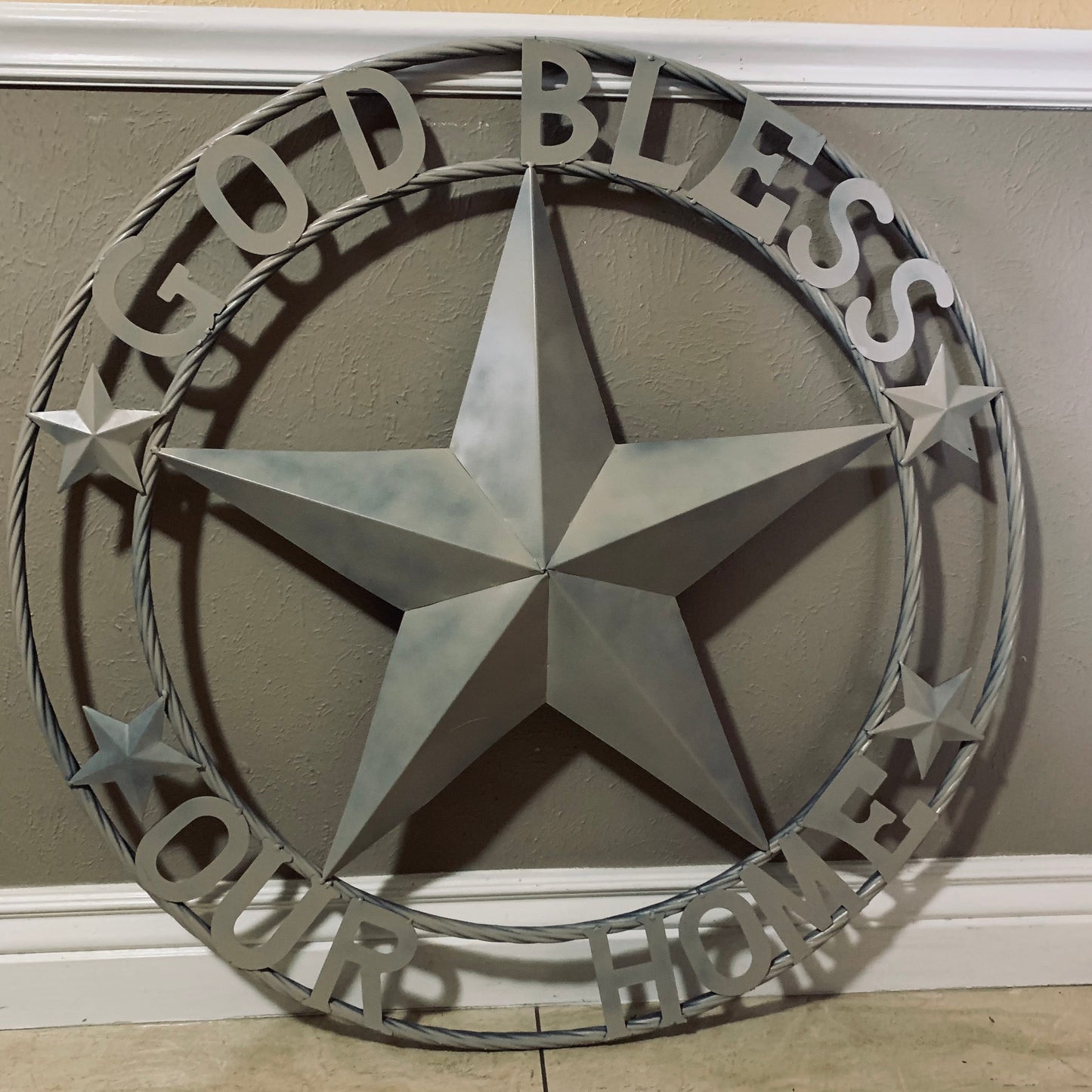 GOD BLESS OUR HOME RUSTIC BEIGE BARN METAL STAR ROPE RING WALL ART WESTERN HOME DECOR HANDMADE NEW #EH11686