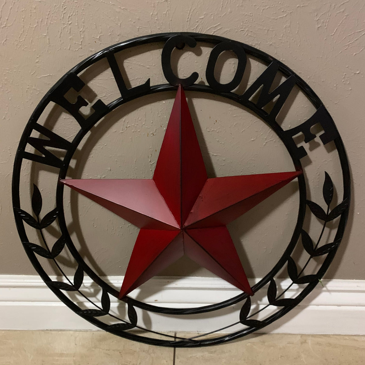 24" WELCOME LEAF LEAVES STAR METAL WALL ART WESTERN HOME DECOR RUSTIC RED HANDMADE