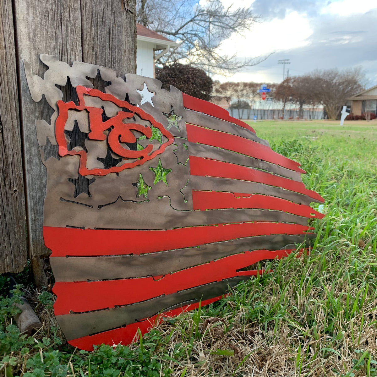 KANSAS CITY CHIEFS METAL TATTERED FLAG CUSTOM VINTAGE CRAFT WALL ART HANDMADE
