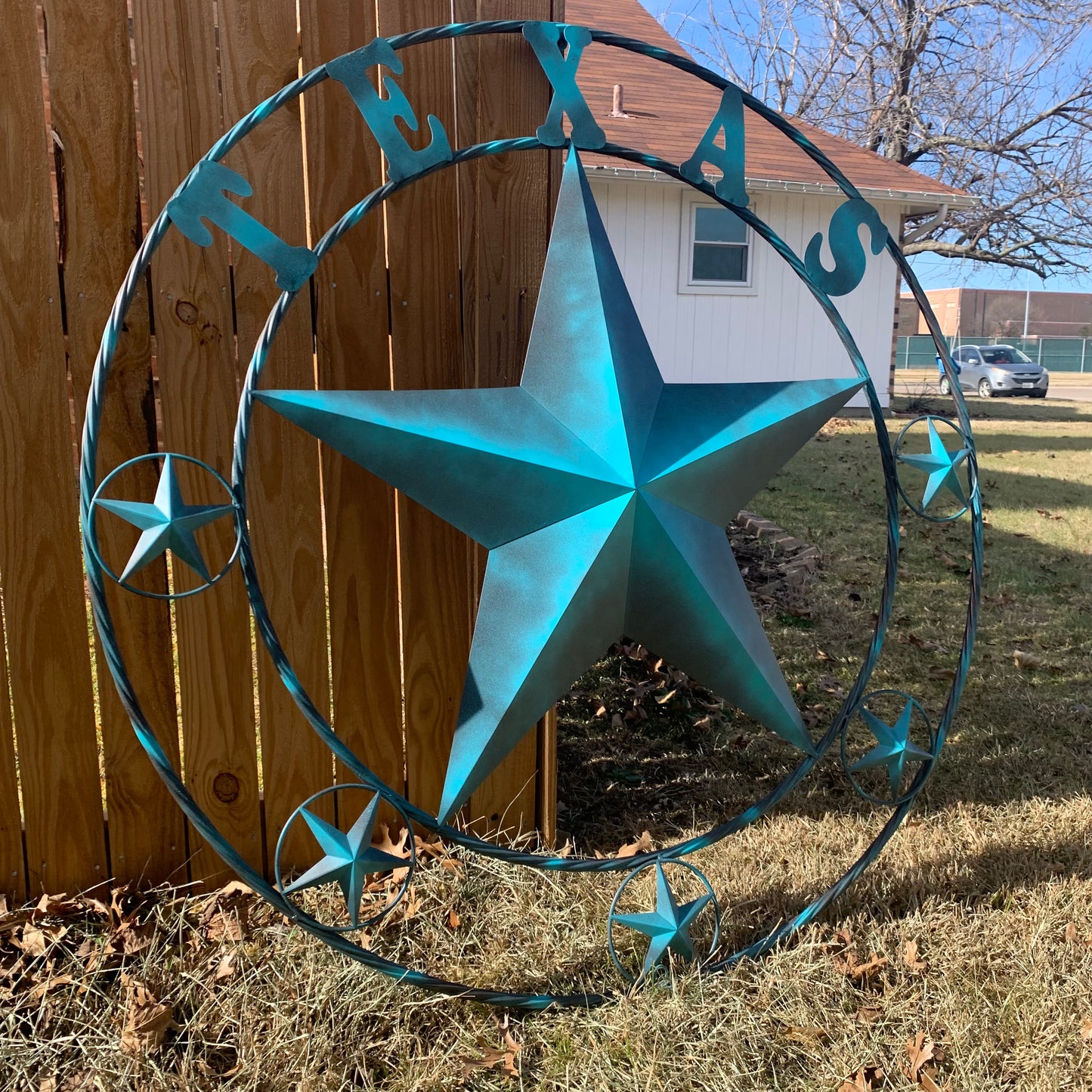 TEXAS LONESTAR TURQUOISE DISTRESSED TWO TONE METAL BARN STAR TWISTED ROPE RING WALL ART WESTERN HOME DECOR HANDMADE NEW #EH10483