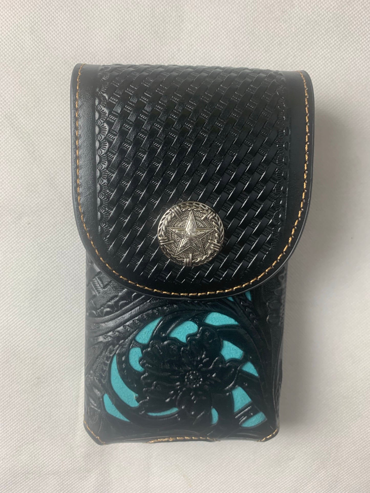 7" LONE STAR BLACK & TURQUOISE LEATHER HOLSTER POUCH EXTRA LARGE  BELT LOOP CELL PHONE CASE UNIVERSAL OVERSIZE--FREE SHIPPING