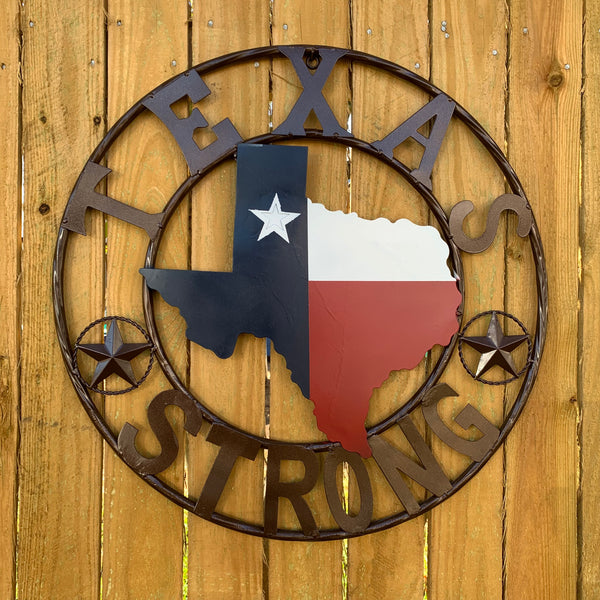 TEXAS STRONG SIGN METAL WALL ART WESTERN HOME DECOR RED WHITE BLUE WITH BRONZE RING HANDMADE #EH13212