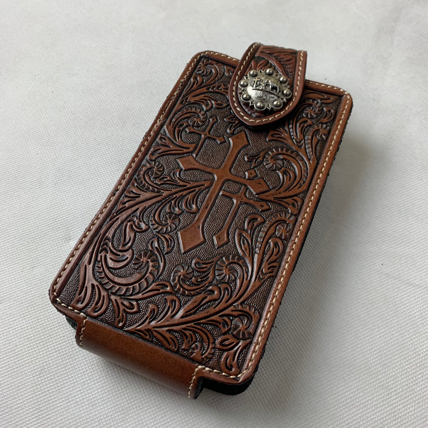 7" COWBOY PRAYER CROSS LEATHER HOLSTER POUCH COFFEE BROWN  LARGE  BELT LOOP HOLSTER CELL PHONE CASE UNIVERSAL OVERSIZE #WS344D--FREE SHIPPING