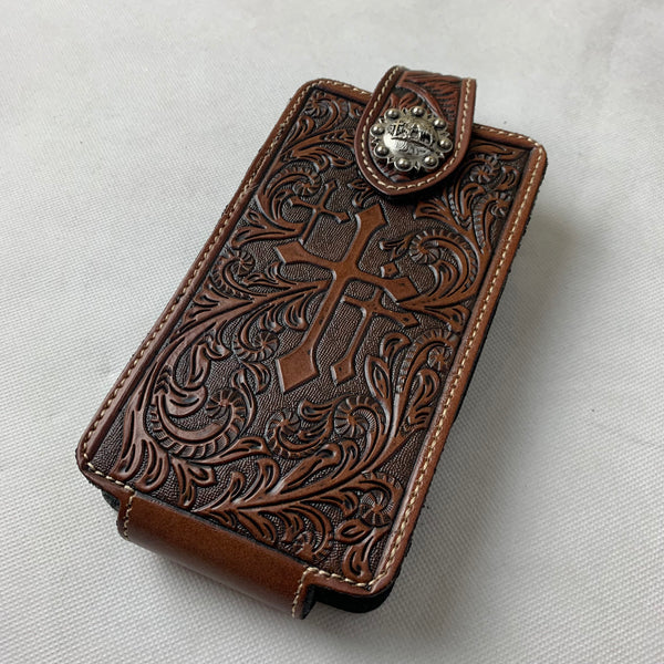 #WS344D 7" COWBOY PRAYER CROSS COFFEE BROWN  LEATHER POUCH EXTRA LARGE  BELT LOOP HOLSTER CELL PHONE CASE UNIVERSAL OVERSIZE--FREE SHIPPING