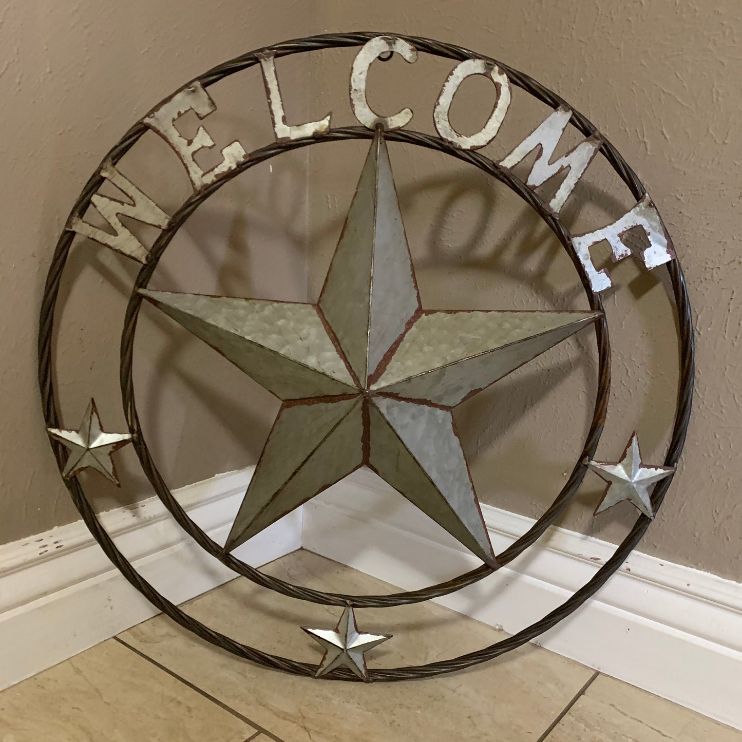 #RT6160 WELCOME GALV 24" METAL BARN STAR TWISTED RING WESTERN HOME DECOR HANDMADE NEW