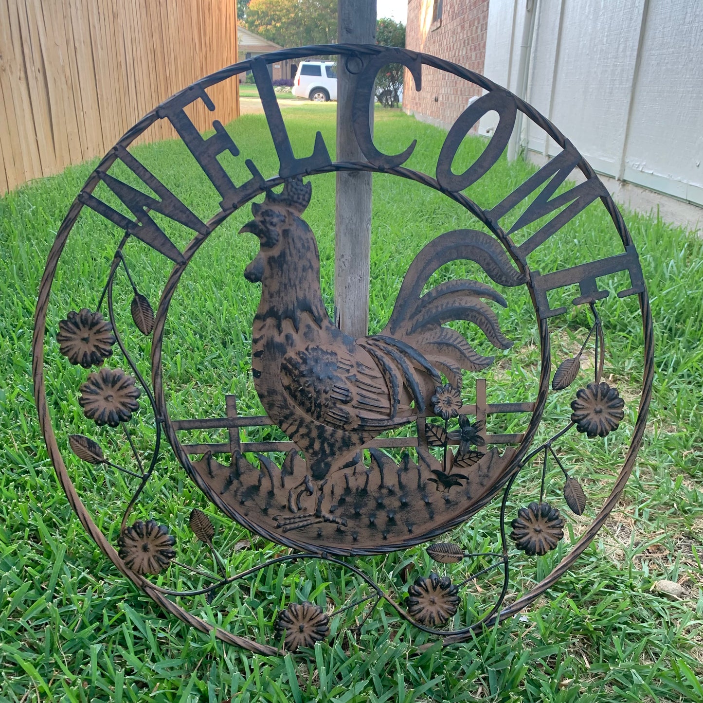 #EH11437 ROOSTER WELCOME 24" SCROLL ART METAL SIGN WESTERN HOME DECOR NEW