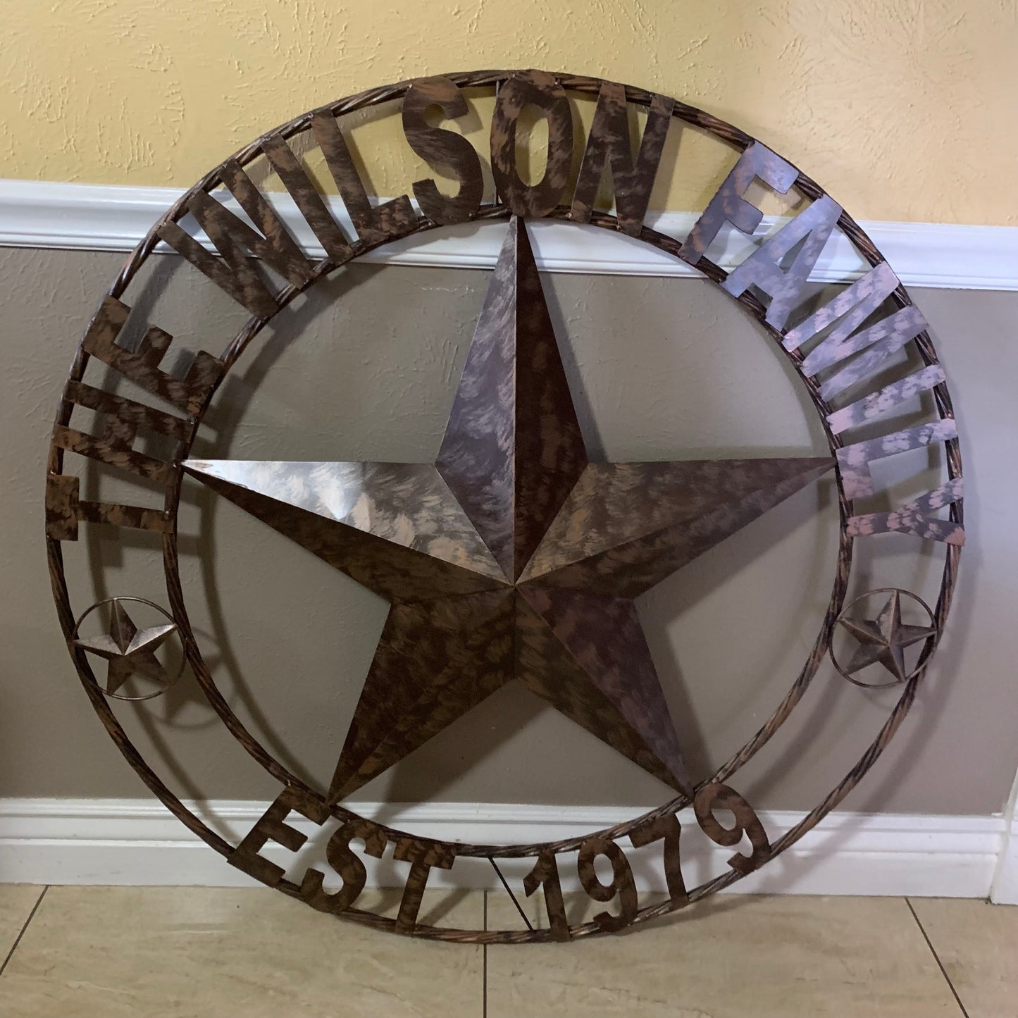 COLOMINA STYLE YOUR CUSTOM NAME BARN STAR BRONZE BRUSH COPPER METAL STAR 3d TWISTED ROPE RING COLOMINA WESTERN HOME DECOR RUSTIC VINTAGE HANDMADE 24",32",36",40",42",44",46",50"