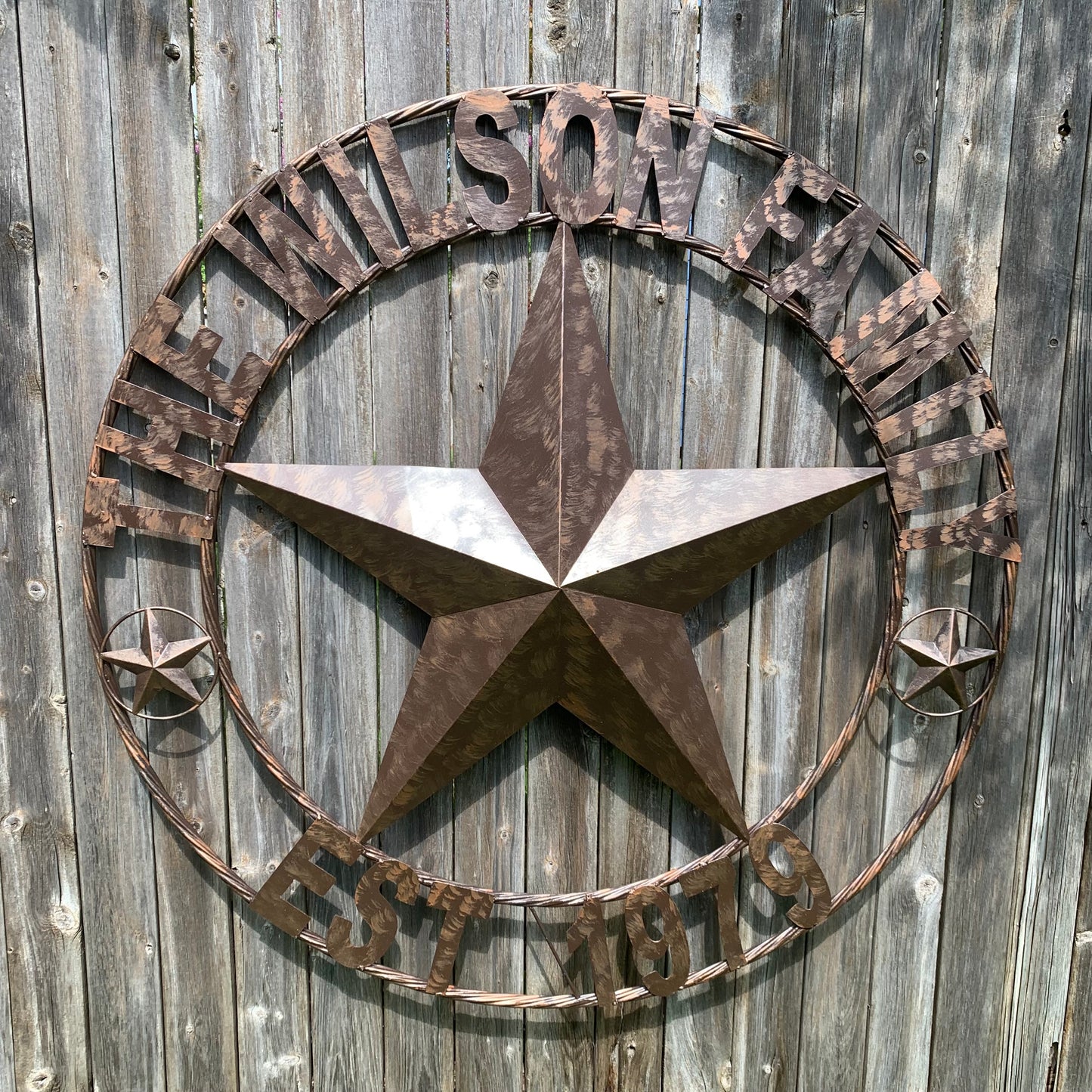 COLOMINA STYLE YOUR CUSTOM NAME BARN STAR BRONZE BRUSH COPPER METAL STAR 3d TWISTED ROPE RING COLOMINA WESTERN HOME DECOR RUSTIC VINTAGE HANDMADE 24",32",36",40",42",44",46",50"