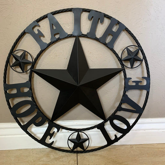 FAITH HOPE LOVE BLACK METAL BARN STAR WESTERN HOME DECOR BLACK NEW