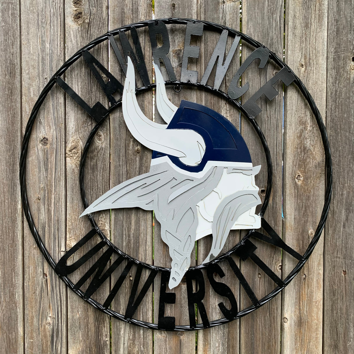 LAWRENCE UNIVERSITY METAL CUSTOM VINTAGE CRAFT WALL ART RUSTIC BLUE SILVER WHITE TEAM SIGN HANDMADE