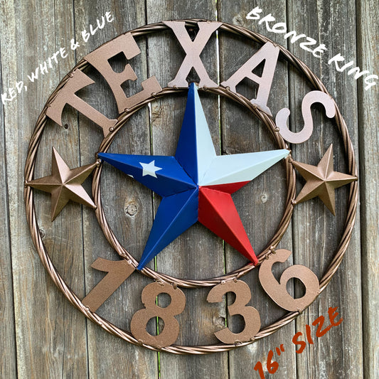 16" TEXAS 1836 RED WHITE BLUE TEXAS FLAG STAR BRONZE RING METAL BARN STAR WESTERN HOME DECOR HANDMADE NEW ART