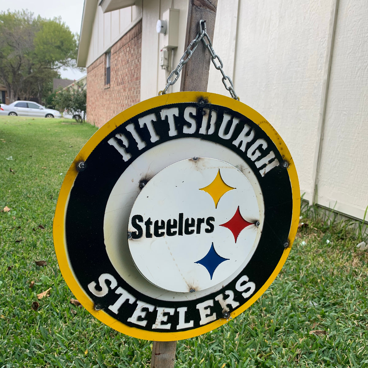 15" PITTSBURGH DISC CUSTOM METAL VINTAGE CRAFT TEAM SPORTS SIGN WESTERN HOME DECOR HANDMADE