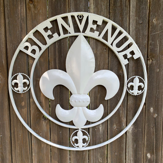 24", 32" GLOSS WHITE FLEUR DE LIS BIENVENUE METAL WALL ART WESTERN HOME DECOR