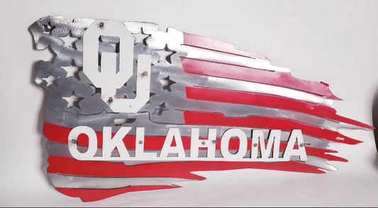 OU OKLAHOMA SOONERS METAL TATTERED FLAG CUSTOM VINTAGE CRAFT WALL ART