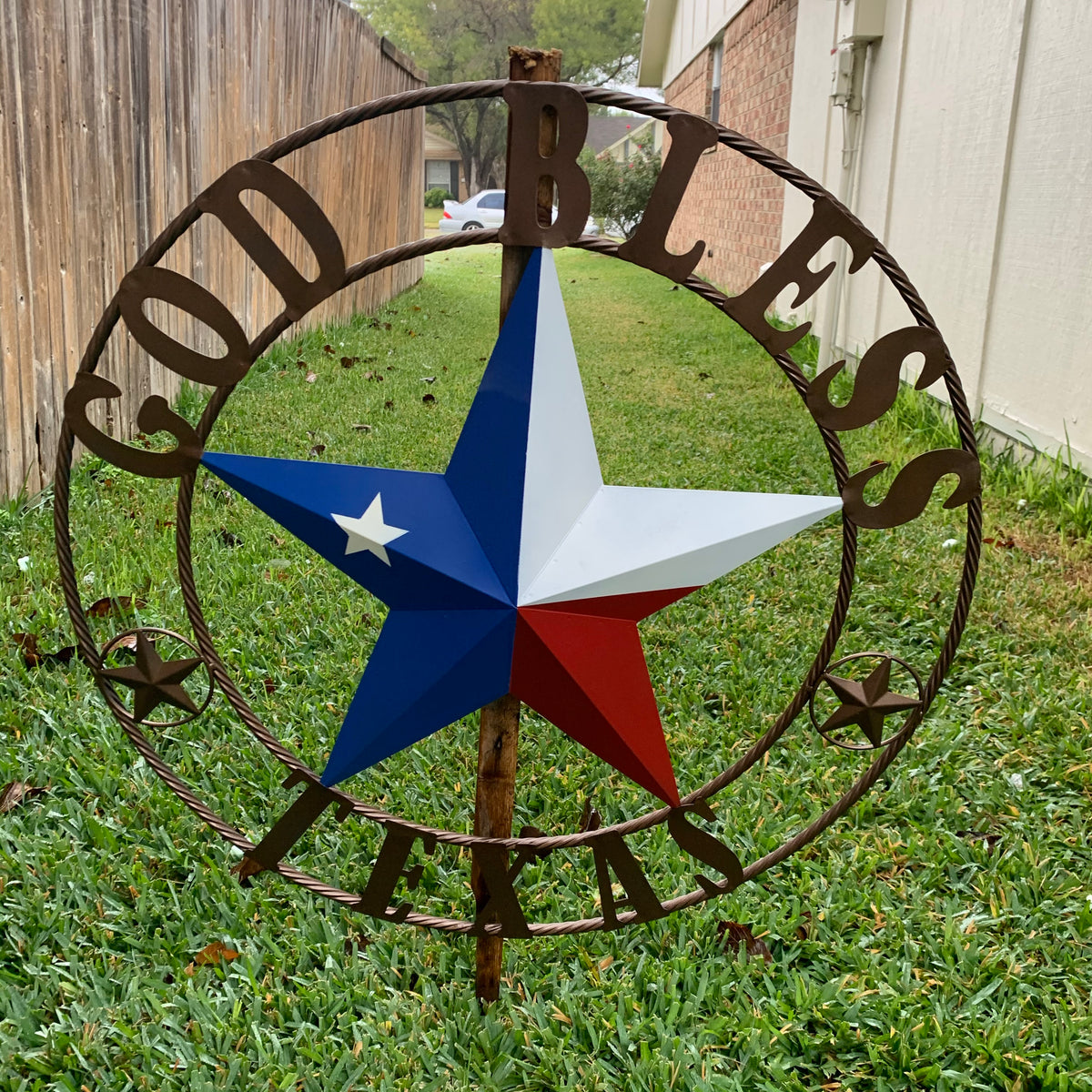 GOD BLESS TEXAS RED WHITE BLUE BARN METAL STAR BRONZE TWISTED ROPE RING WALL ART WESTERN HOME DECOR HANDMADE #EH11884