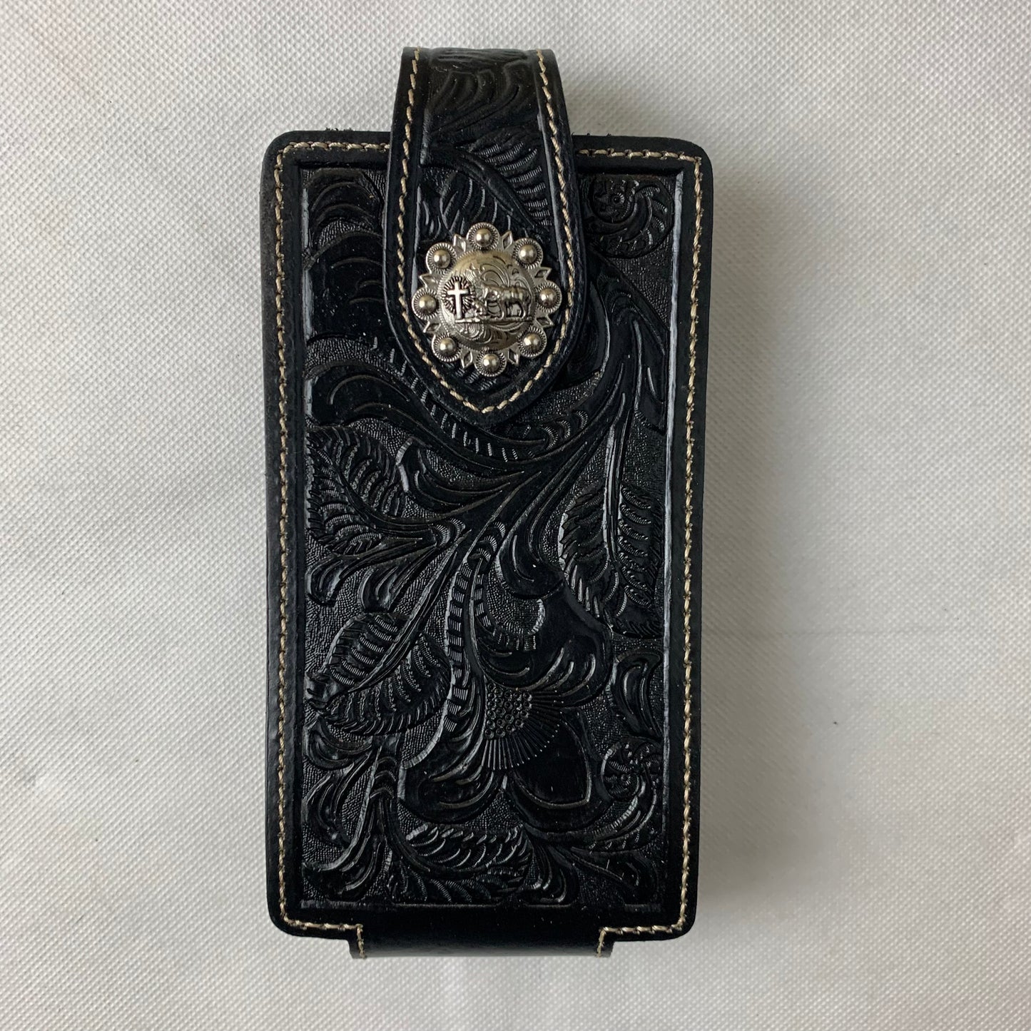 #WS341D 7" COWBOY PRAYER HOLSTER BLACK LEATHER POUCH EXTRA LARGE  BELT LOOP CELL PHONE CASE UNIVERSAL OVERSIZE--FREE SHIPPING