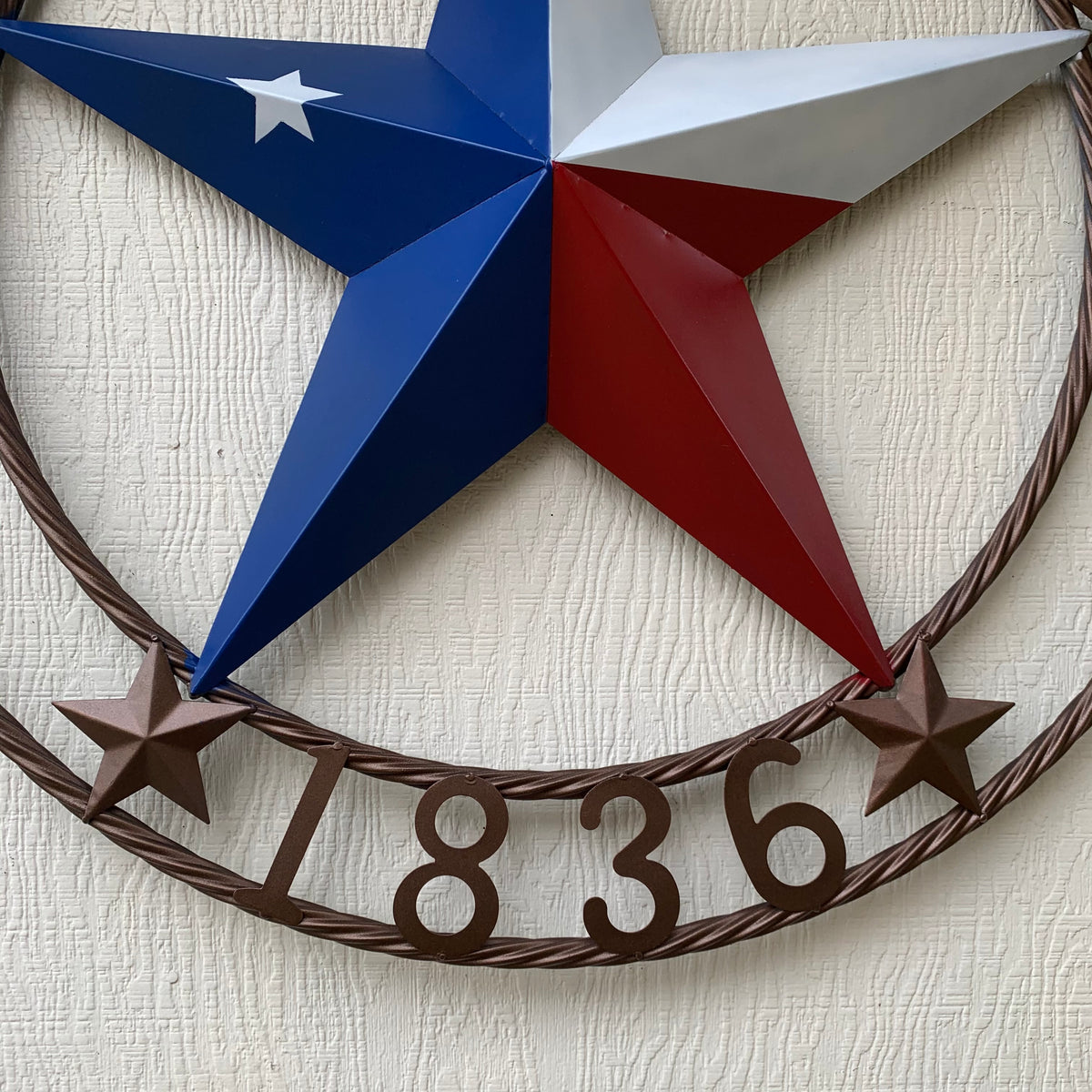TEXAS 1836  FLAG STAR RED WHITE BLUE BARN STAR TWISTED ROPE RING BRONZE WESTERN HOME DECOR  #EH10958